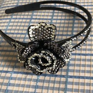 Black rose rhinestone double row headband